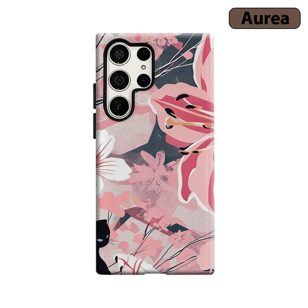 Black Cat Pink Lily Phone Case for Samsung Galaxy S26 S25 Ultra S24 S23 Ultra Plus Shockproof Double layer tough Back Cover
