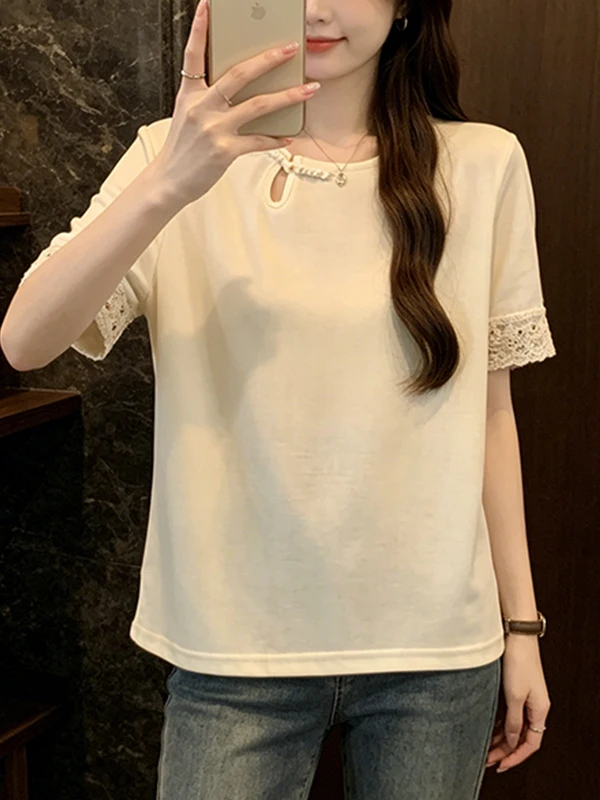 

plus Size Summer New Style Women's T-shirt Lace Short Sleeve Loose Belly Covering Slimming Effect Chinese Button Design Casua...