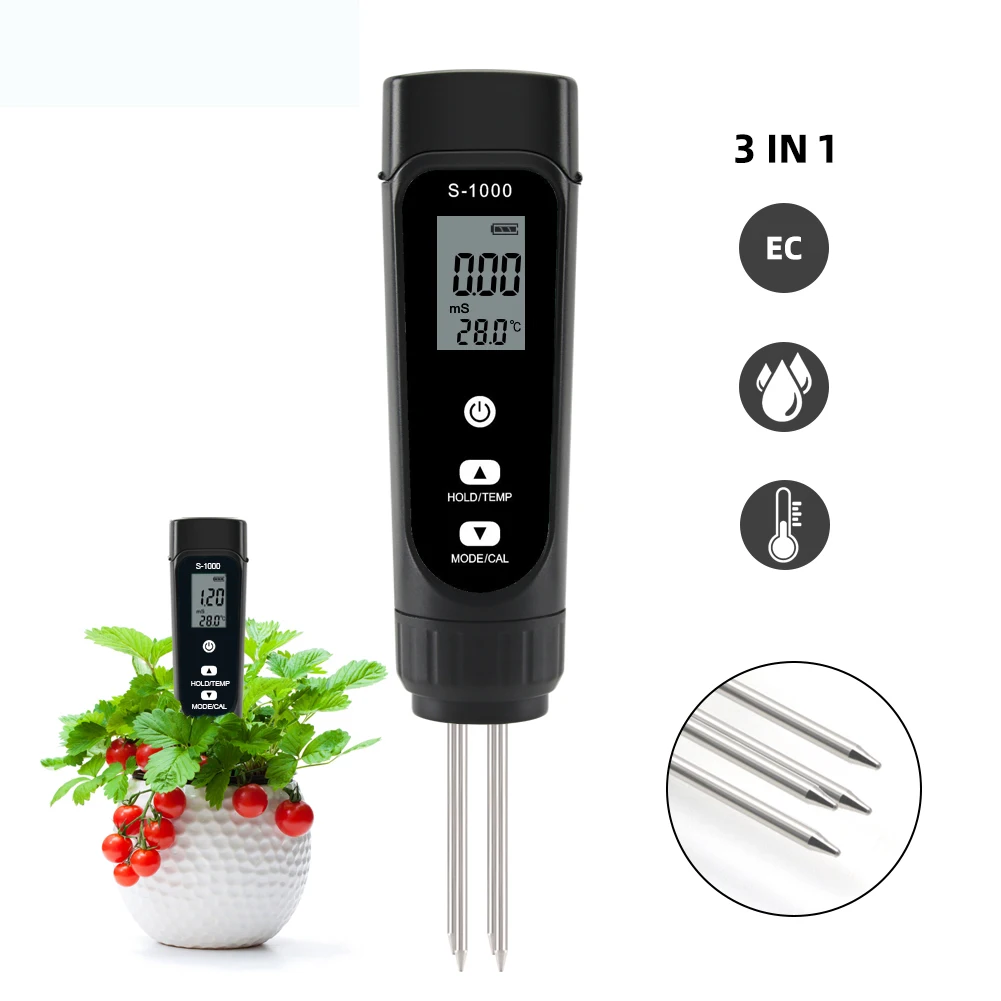 3 In 1 Soil EC Temperature Digital Soil Moisture Meter Potted Gardening Agricultural Measuring Tool Conductivity Meter