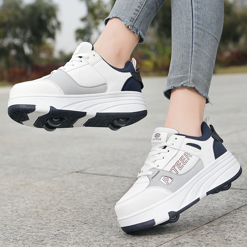 أحذية تزلج عصرية ذات صف مزدوج بأربع عجلات مع عجلات أحذية رياضية دوارة مزدوجة الأغراض للأطفال والكبار