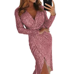 New Women's Gold Plated Long sleeved V-neck Sparkling Dress Evening Sexy Dress