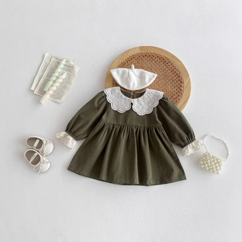 

Girls' Spring Dress Children's Stylish Spring and Autumn Lace Collar Turn-down Collar Little Girl Princess Outing Dress