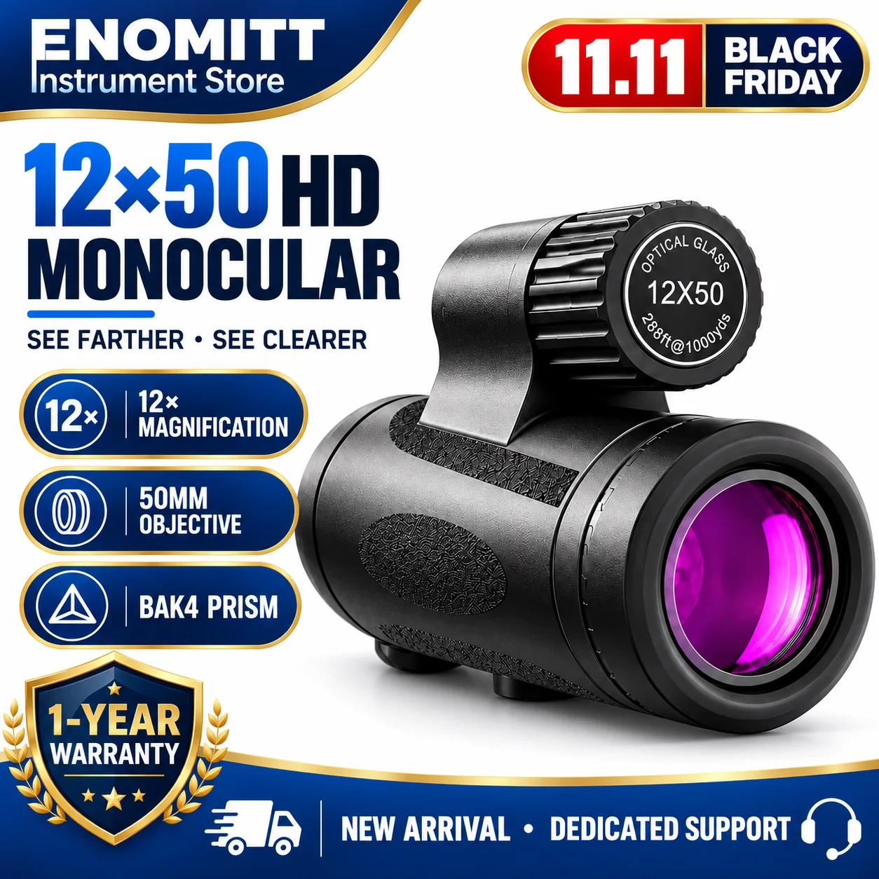 12x50 Monocular Telescope High Power, BAK4 Prism FMC Lens with Phone Adapter, IPX7 Waterproof for Hunting Hiking