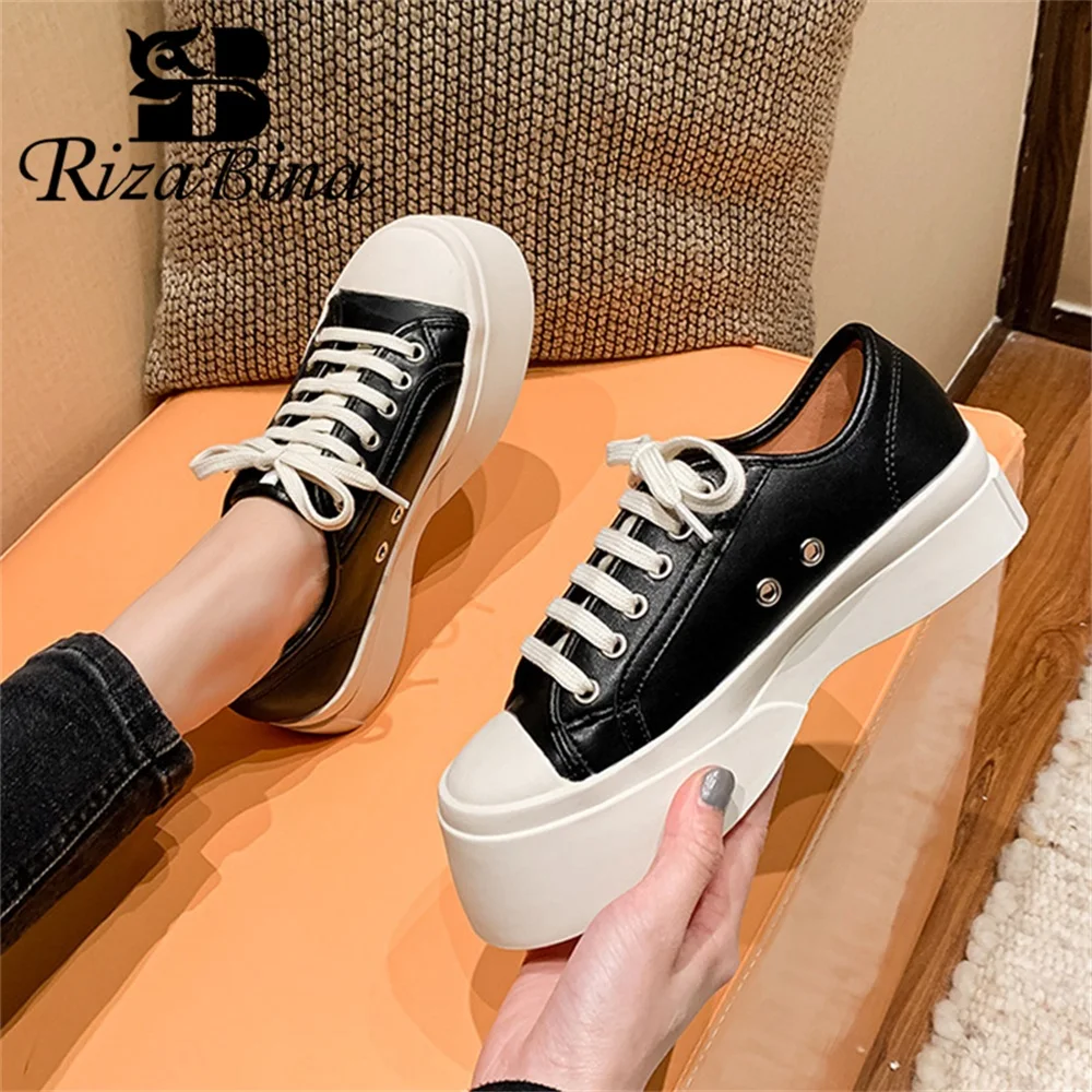 

RIZABINA Platform Sneaker Women Genuine Leather Round Toe Lace Up Vulcanize Shoes Ladies Spring Summer Leisure Thick Sole Shoes