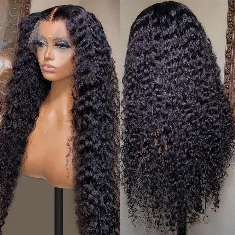 

200% Density 13x4 Natural Black Water Wave Brazilian Virgin Hair HD Transparent Lace wigs Pre plucked Wigs Frontal Curly Wigs