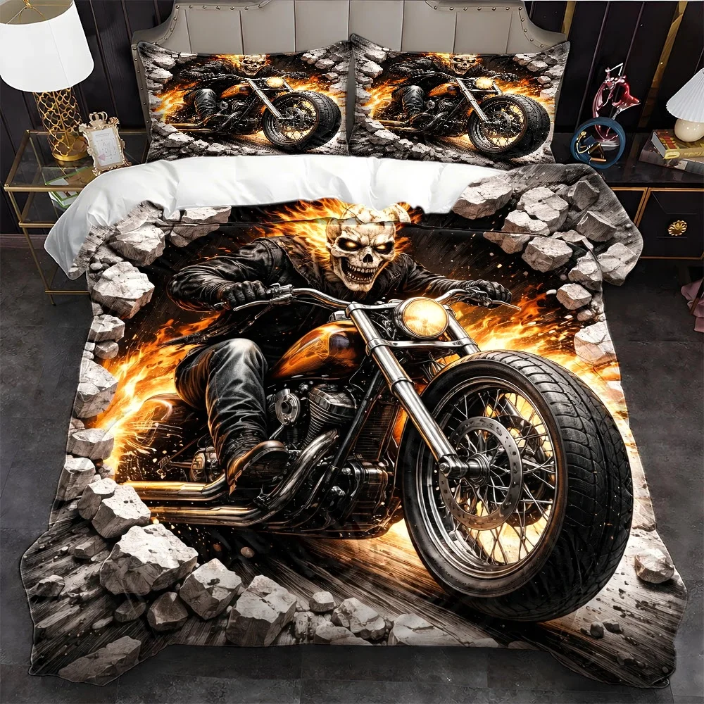 Ghost Rider Flame Skull Motorcycle Duvet Cover Set 3Pc Bedding Invisible Zipper Machine Washable Double Bed Home Dormitory