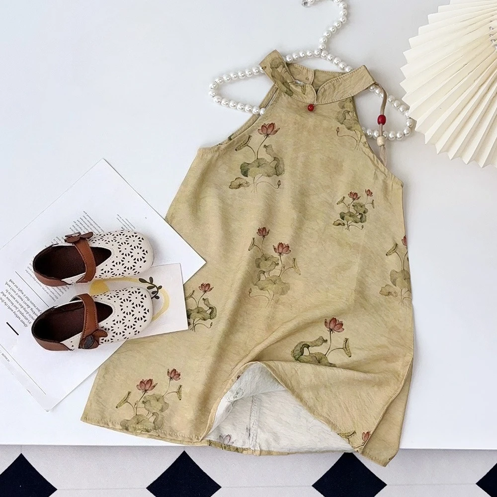 فستان صيفي للفتيات من عمر 3 إلى 7 سنوات على الطراز الصيني مطبوع بدون أكمام ورقبة معلقة قطعة واحدة ملابس أطفال ريترو حلوة #3