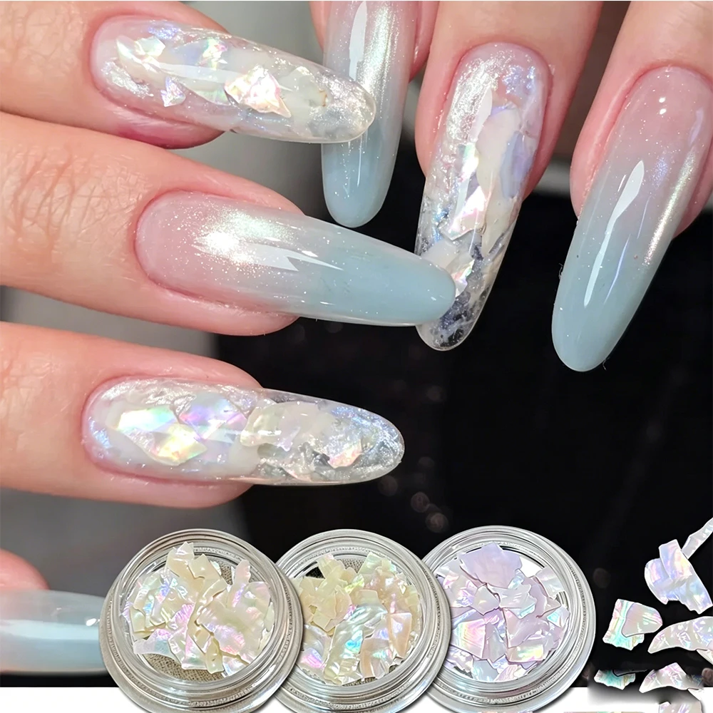 3 Farben Unregelmäßige Nagelkunst Aurora Abalone Muschelflocken 3D Holographische Acetat-Muschelfragmente Nagel-Charms Maniküre Pailletten
