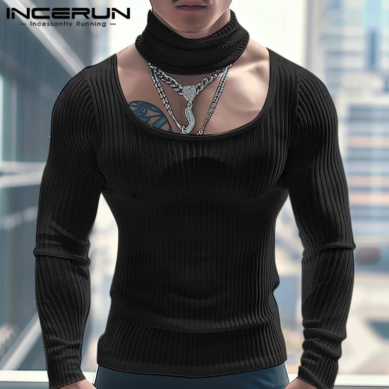 1INCERUN Tops 2024 American Style Sexy Men Fashion U-shaped Collar Solid Striped T-shirts Casual Male Long Sleeved Camiseta S-5X