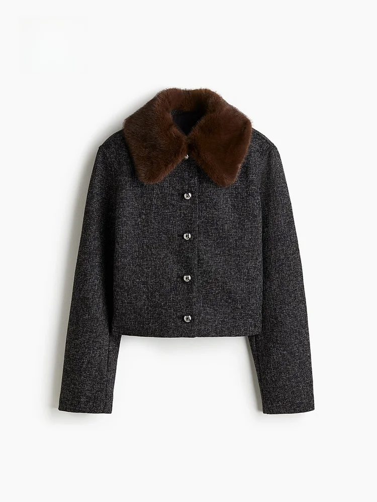 معطف نسائي شتوي من Ele مع ياقة من الفرو وياقة دائرية مخملية معطف H&M مناسب من مزيج البوليستر والفيسكوز معطف للسيدات