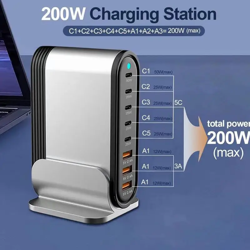 Imagem -03 - Estação de Carregamento de Alta Velocidade Gan Carregador pd Usb c Usb a Portas Bloco de Carregador Rápido 200w Compatível com Tablets Laptops