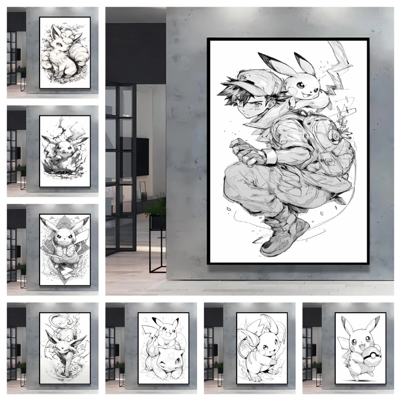 

High Quality Black and White Pokemon Wall Painting Featuring Classic Characters Pikachu Ash Ketchum Adding Color To Your Life