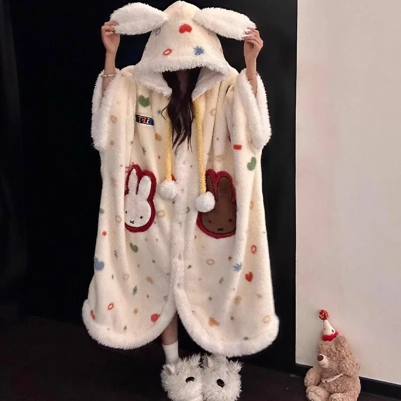 Cartoon-Muster mit süßem Miffy, Kapuzen-Bademantel aus Korallenfleece, Kawaii-Mädchen-Stil, verdicktes und mit Fleece gefüttertes, warmes Kapuzen-Homewear-Set – Detail 2