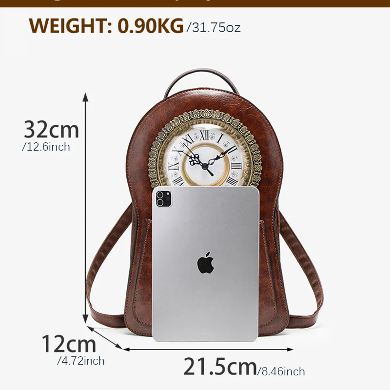 Vintage Clock Backpack, Clock-Style Fashion Shoulder Bag, Crossbody Backpack, Trendy Cool Clock Design, Large-Capacity Multifunctional Travel Bag, British Style Vertical Party Backpack, Waxed Leather Three-Dimensional Bag, Holiday Gift for Christmas