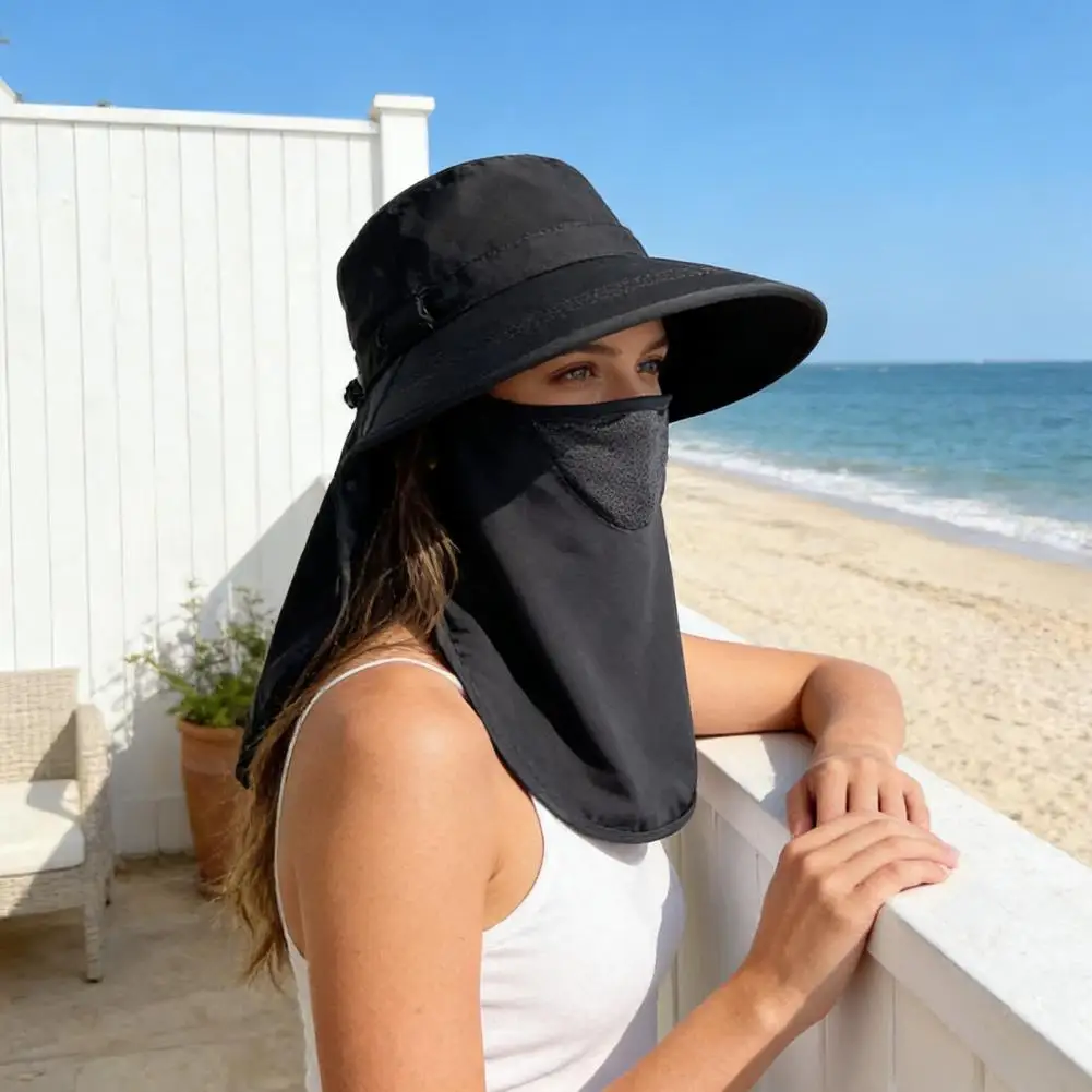 Sun Hat Detachable Face Guard Shawl 3-in-1 Protection Hat With Anti-UV Fabric Washable Ponytail Hole Outdoor Hat