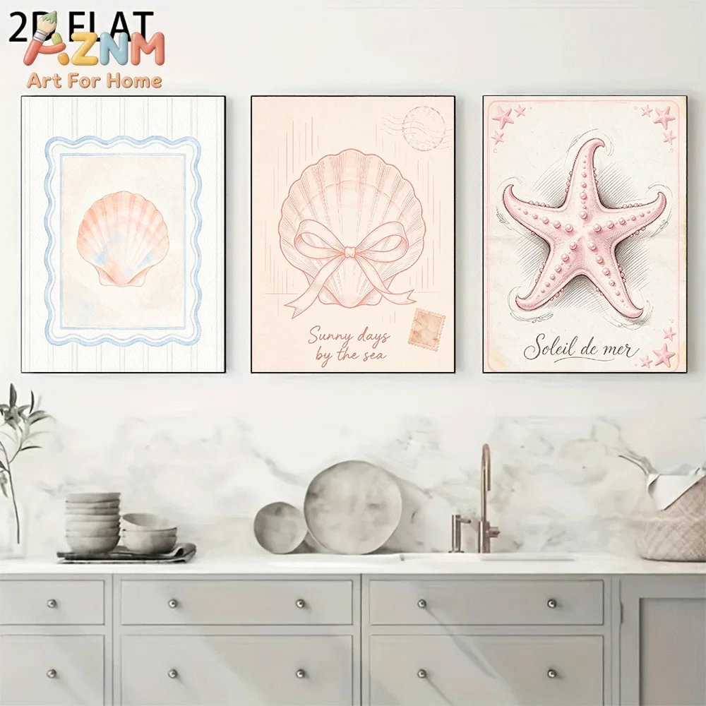 AZNM Frameless Canvas Wall Art, Soft Pink Seashell Starfish Watercolor Print, Coquette Coastal Nautical Wall Decor for Living Ro