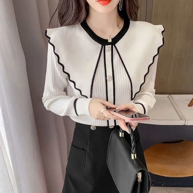 Women Elegant Chic Ruffle Peter Pan Collar Fashion Sweet Knitted Sweater Autumn Winter Slim Long Sleeve Chic Ladies Tops Jumpers