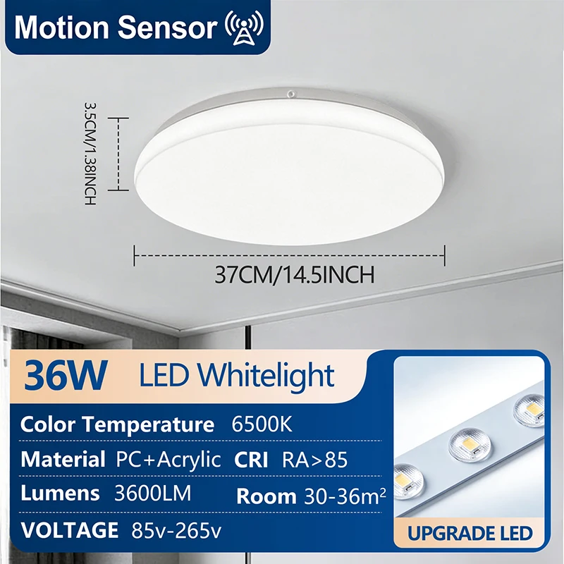 Motion sensing Ceiling Light Modern Led Ceiling Lamp PIR Motion Sensor 12W 24W 36W 6500K For Bedroom Living Room
