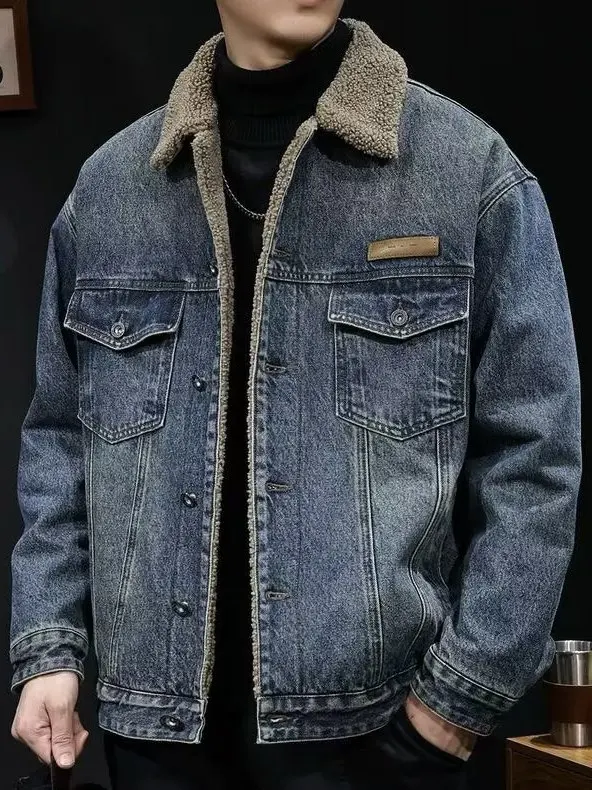 لامب فيلفيت ثينيد الدينيم Jaet الرجال الشتاء Faion فضفاضة الدافئة القطن عمال Jaet مع Fce الشباب Sle