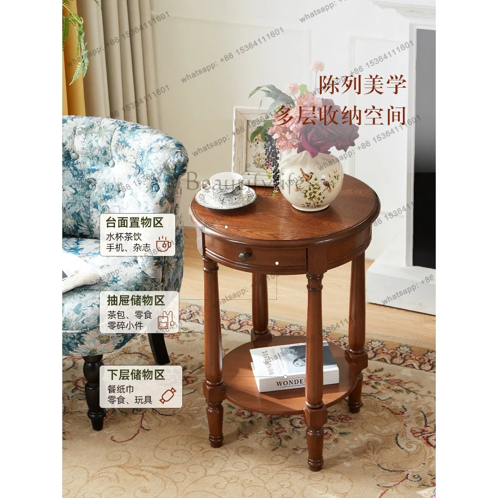 Customizable  American Solid Wood Sofa Small Side Table Retro Living Room Round Art Coffee Table