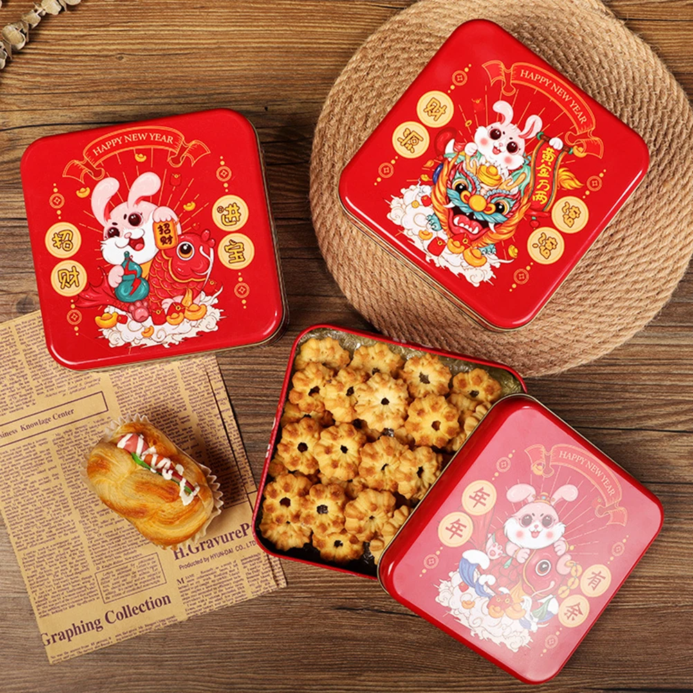 

Lovely Rabbit Pattern Chinese New Year Candy Gift Box Iron Storage Container Sweets Packaging Case Reusable Cookie Tin Metal