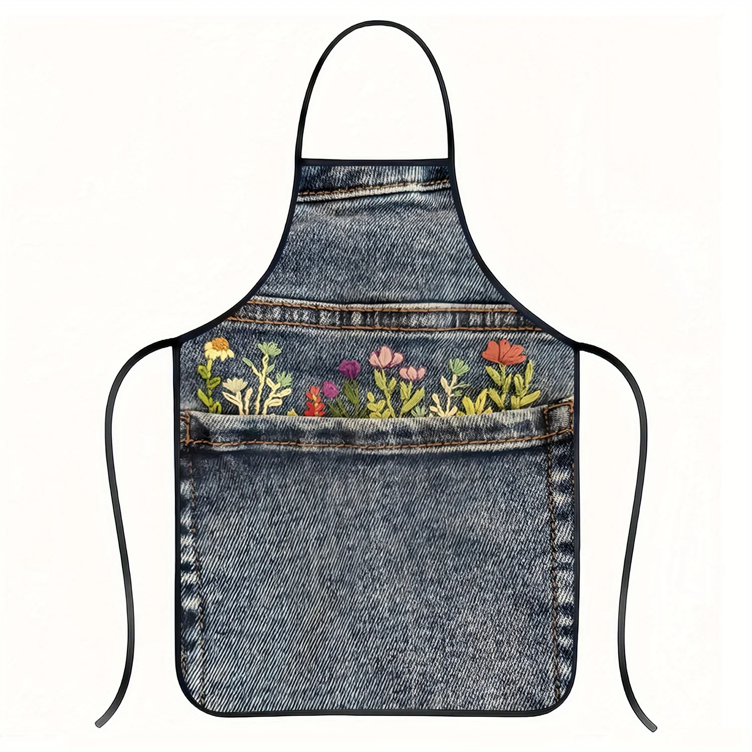 Print Denim Apttern Sleeveless Apron with Floral Adjustable 