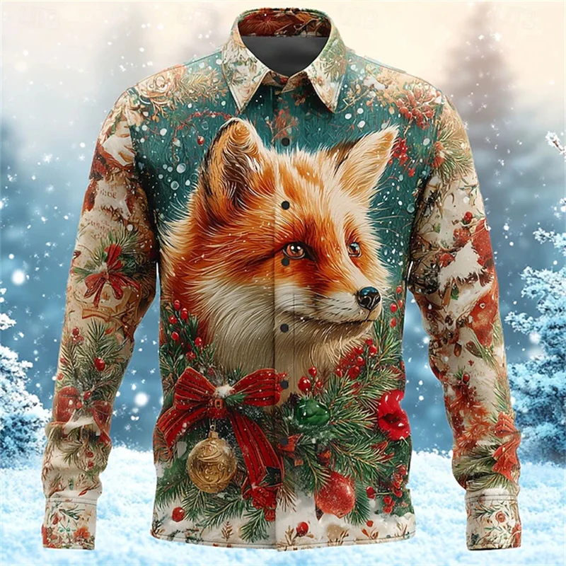 

Christmas Men's Animal Button-Up Shirt Long Sleeve Fun Outdoor Holiday Spring Autumn Lapel 3D Printed Lapel Shirt Red