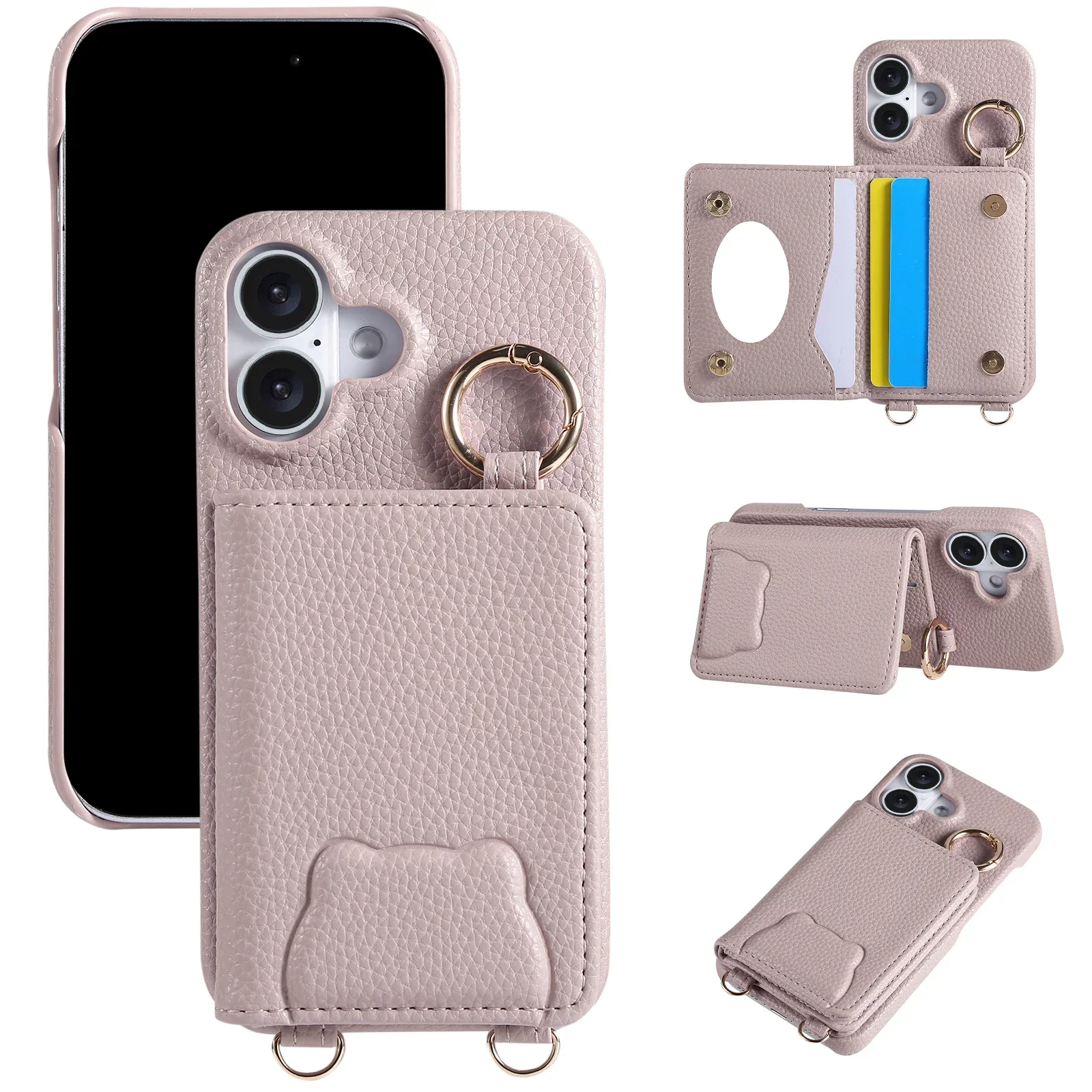 

Crossbody Cards Solt Wallet Leather Cute Mirror Ring Holder Case For iPhone 16 Pro Max 15 Plus 14 13 12 11 Lanayrd Bear Cover