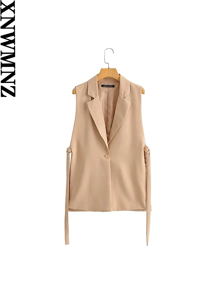 XNWMNZ 2024 Women Fashion With Taps Side Vents Waistcoat Vintage Sleeveless Front Button Outerwear Female Chic Vest Tops