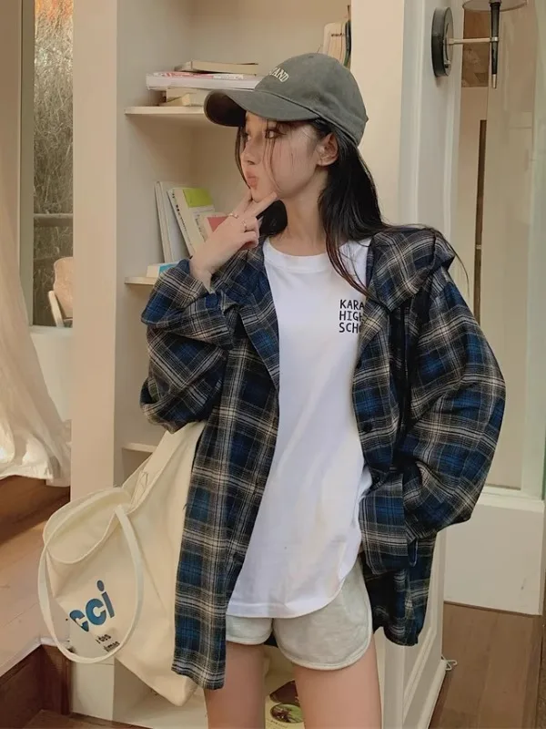 

American Retro Plaid Long Sve irt Jaet Autumn 2025 New plus Size Women's Faion Hooded Cheered Top Women's irt