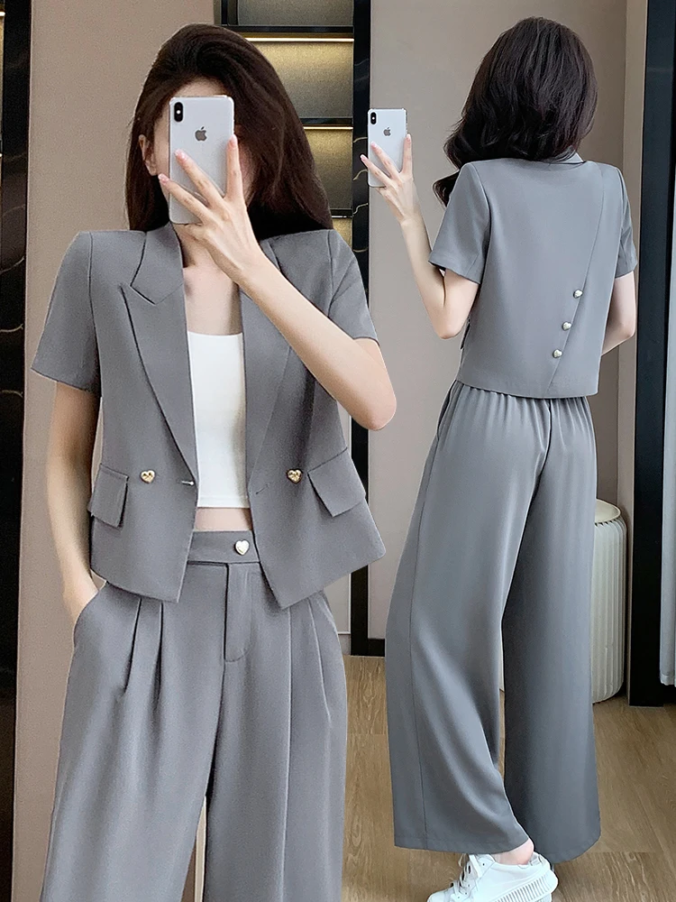 

Серый костюм-двойка женский, модный, укороченный, в стиле «Маленький аромат», летний, новинка, элегантный, в стиле «Богиня», из полиэфирного волокна