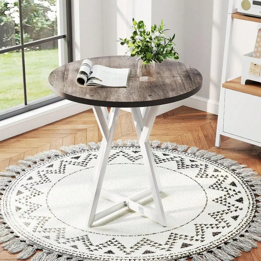 Inch Round Dining Table For 24, Rustic Kitchen Table With Thick Wooden Tabletop And Metal Base, Circle Dinner Table For Dining