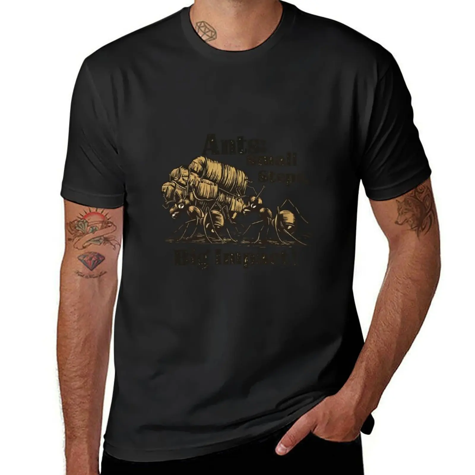 A cool T-shirt for insect lovers. Depicts ants at work- 'ANTS: SMALL STEPS, BIG IMPACT!'. T-Shirt sports fans plain t shirts men