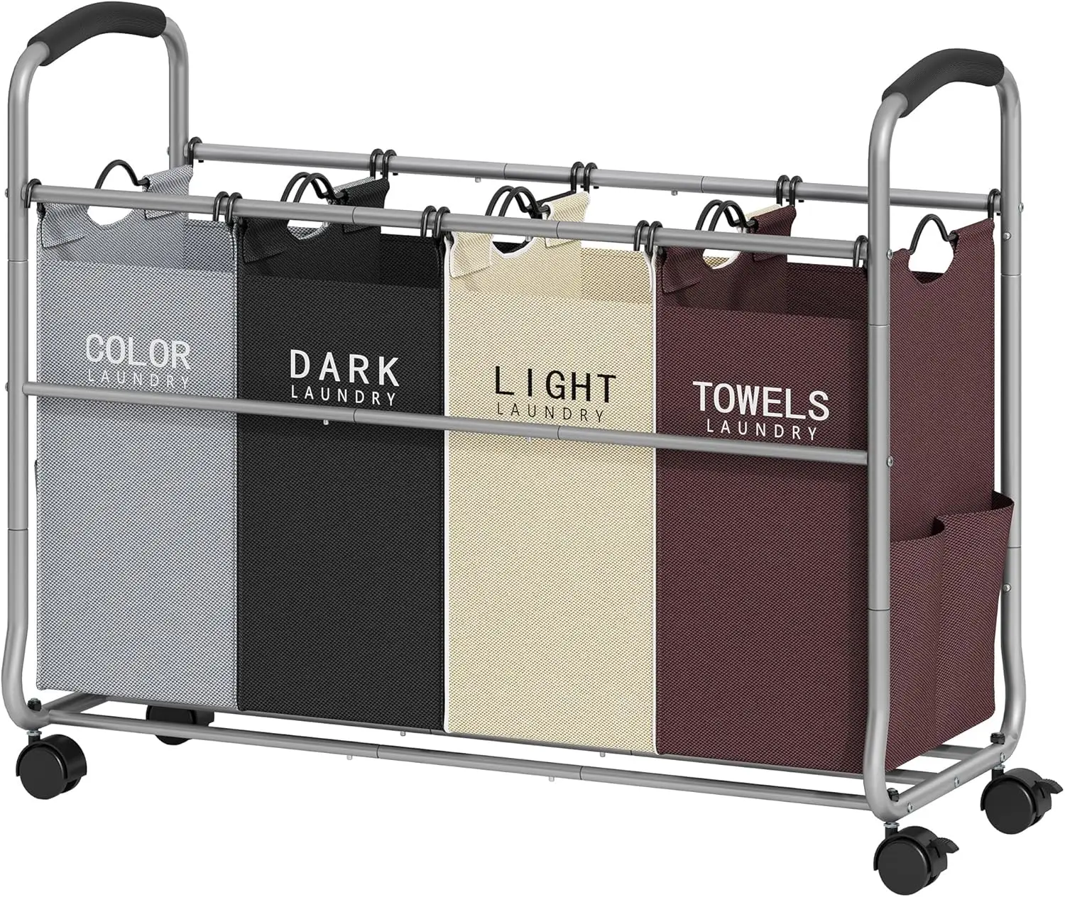 

Сортировщик для белья на 4 секции со съемными мешками, прочными колесами и фиксируемыми роликами для удобного хранения одежды