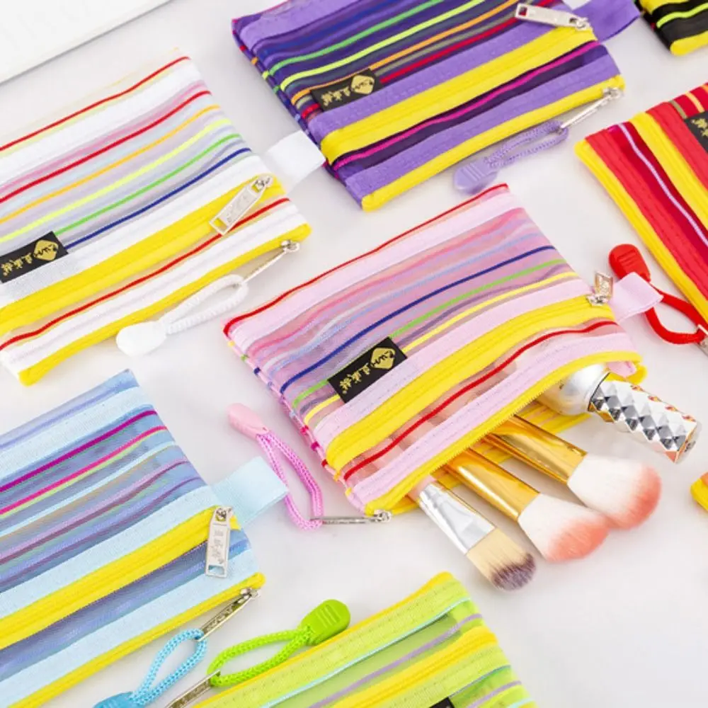 

Rainbow Clear Mesh Coin Purse Stripe Double Layer Mini Transparent Storage Bag Card Holder Korean Style Hollow Mesh Makeup Bag