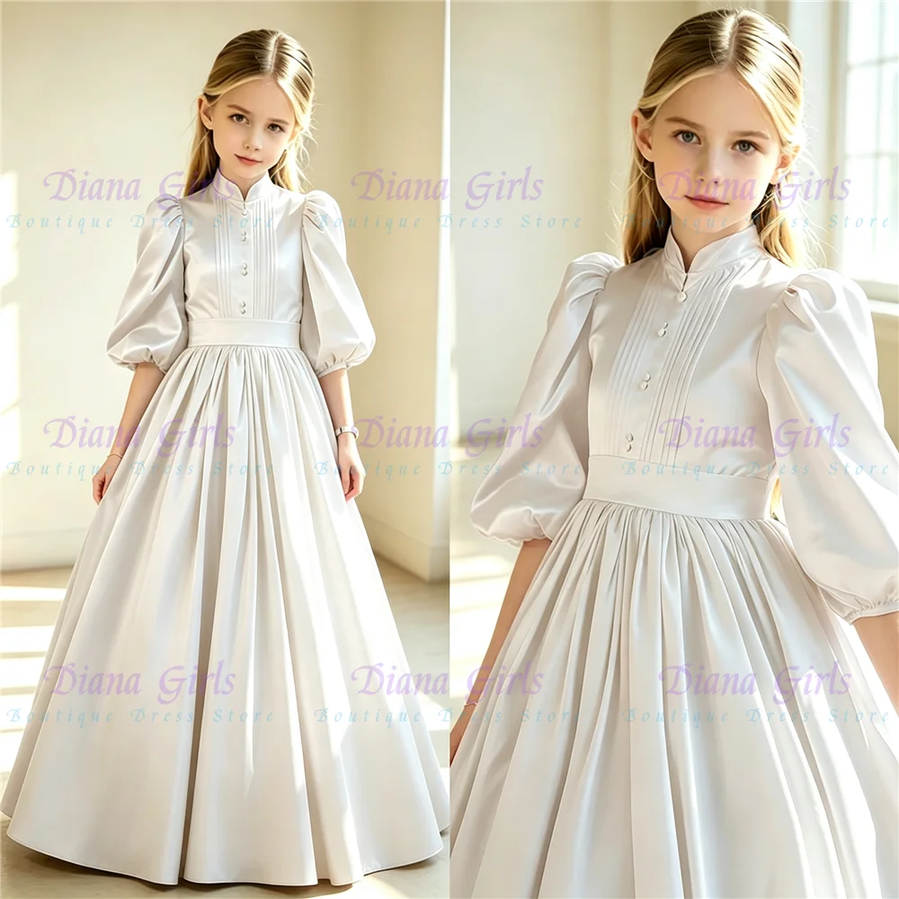 Elegant Ivory Satin A-Line Flower Girl Dress for Little Girls Wedding Baptism First Communion Birthday Party Evening Ball Gowns