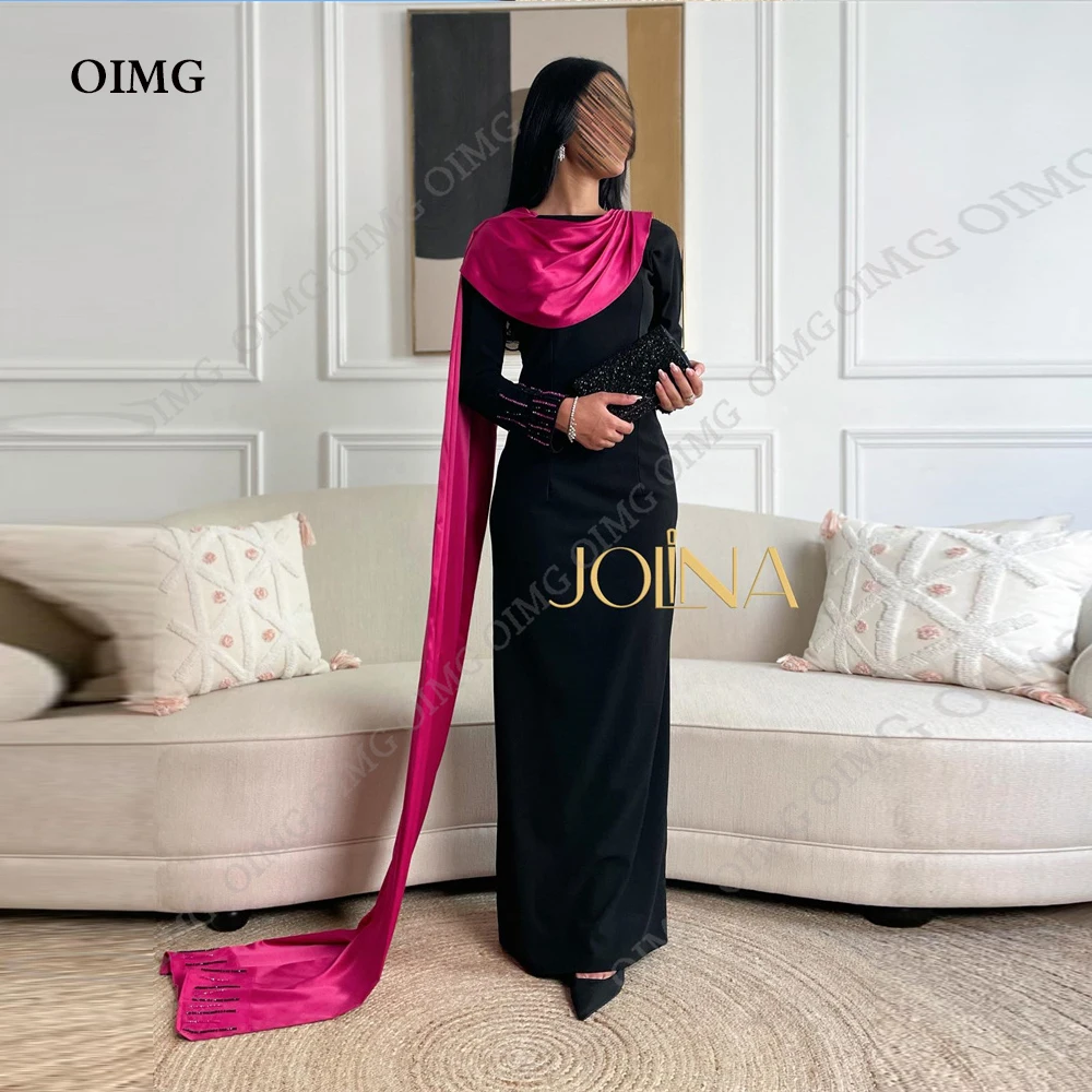 

OIMG Classic Black Dubai Fromal Prom Dresses O Neck Full Sleeves Short Saudi Arabic Evening Party Gowns Robes De Soirée Custom