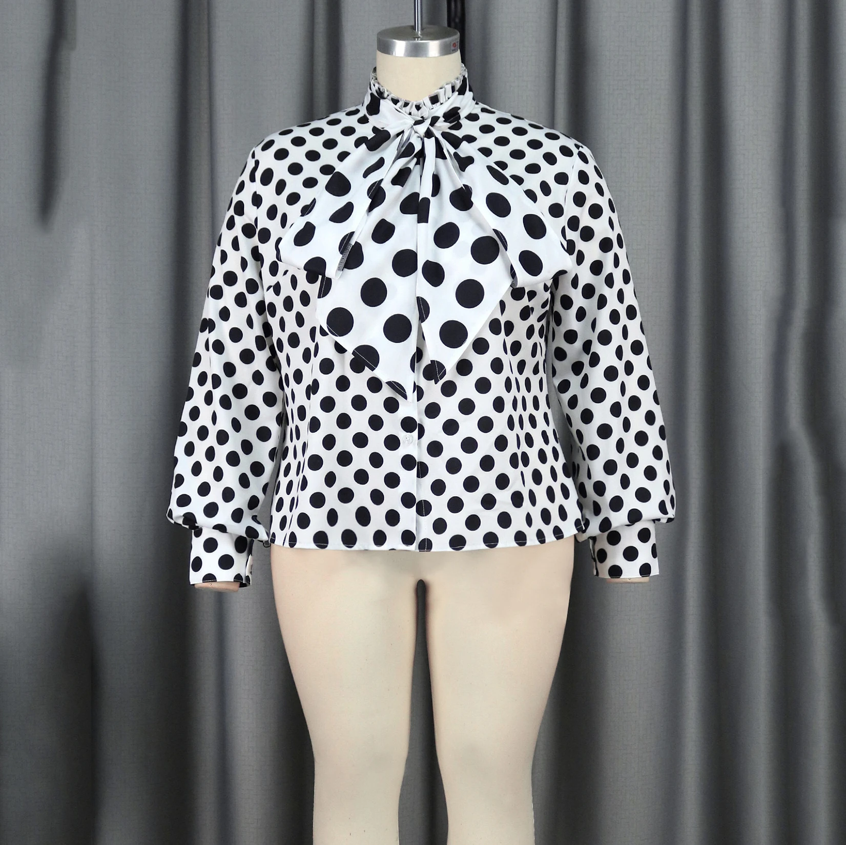 Elegant Ladies Blouse & Shirts White Polka Dot Printed Bow Collar Full Sleeve Fashion Female Causal Daily Wear Shirts Tops 2023