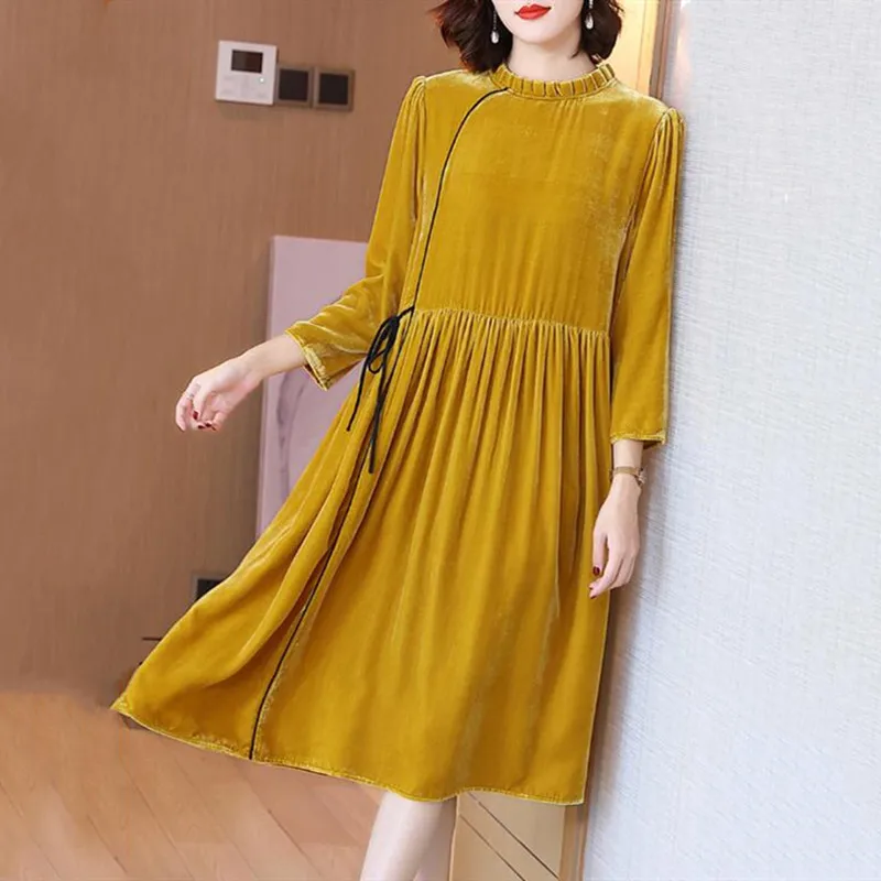 European and American fashion elegant velour long dress 2024 Spring office lady Chic party dress velvet Vestidos korean clothes