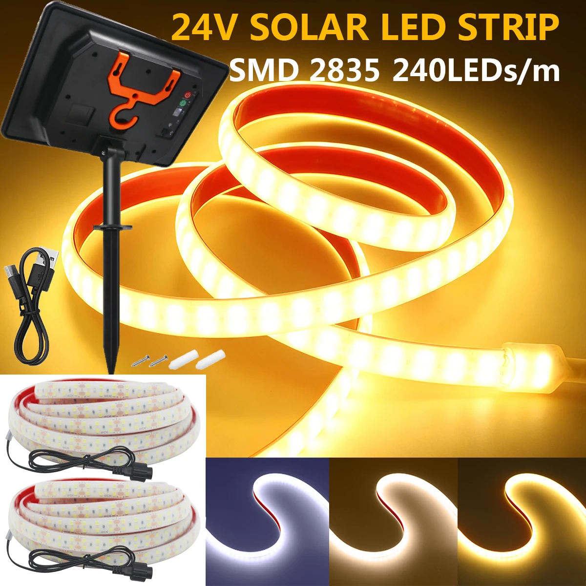 Solar 2 Rows 2835 LED Light Strip 24V Waterproof IP68 Warm Natural White 240LED/m Flex Outdoor Home Bright Linear Lighting Decor