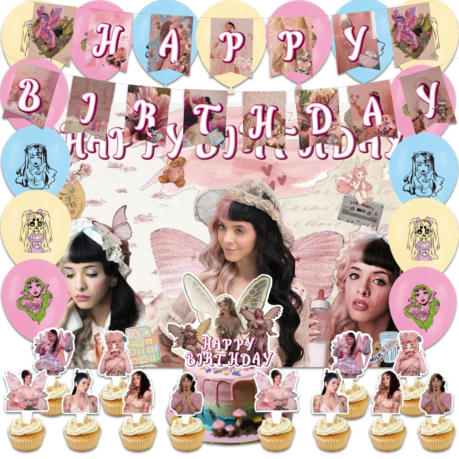 

Melanie Martinez Birthday Party Decoration Singer Theme Gender reveal Banner Cake Topper Balloon for kid Baby Shower Music Fans