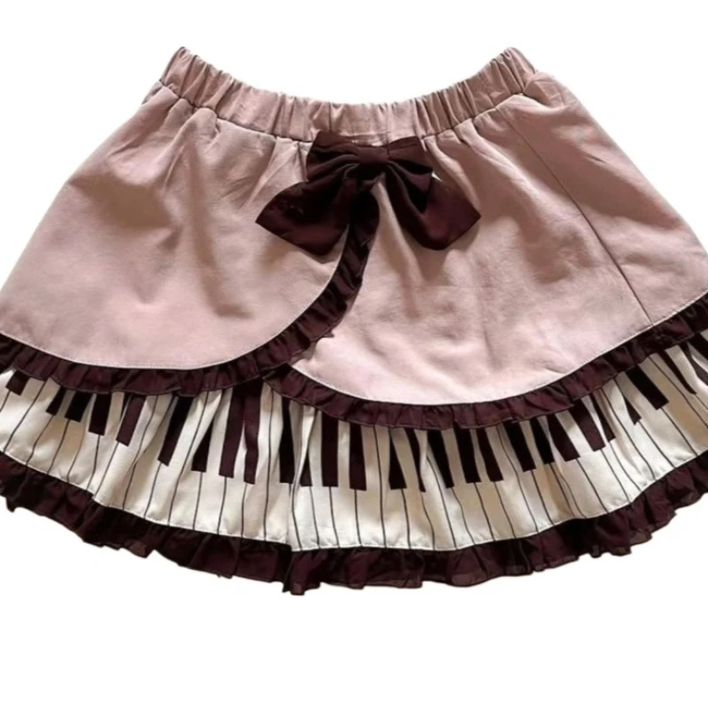 Deeptown Japanese Style Bow Mini Skirt Women Kawaii Sweet Lolita Short Skirts Harajuku Y2k Lace Patchwork Ruffles Cake Skirts