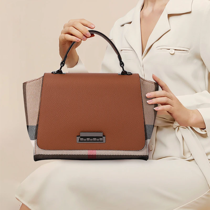 

Женская сумка в клетку, сумка большой вместимости, холст с коровьей кожей через плечо.