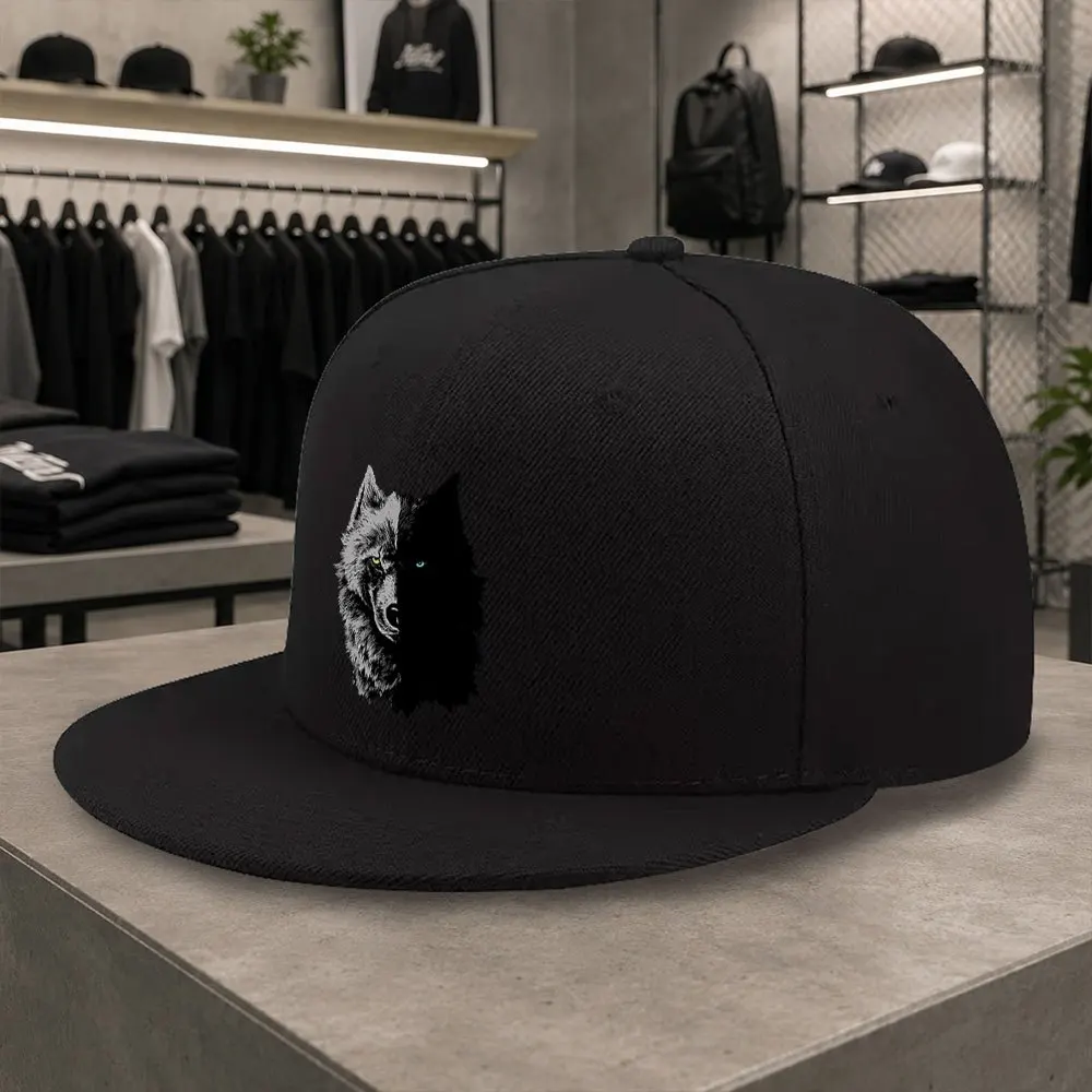 Neue Yin-Yang-Wolfkopf-Print Unisex Allround-Baseballkappe mit flachem Schirm, Hip-Hop-Mütze, geeignet für Kurztrips, Alltagskleidung zu Hause