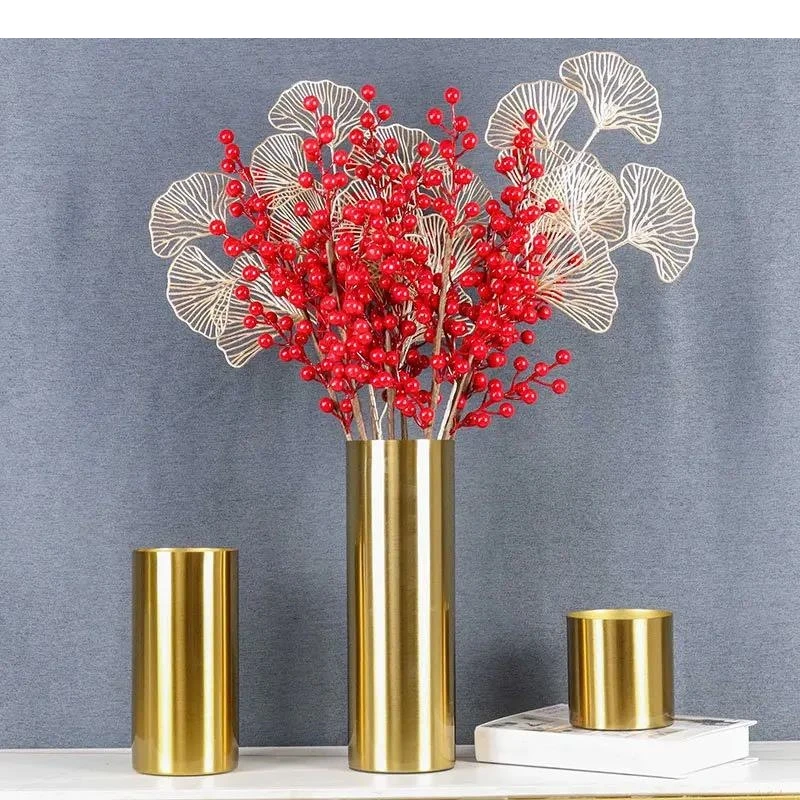 Gold-plated Brass Cylinder Vase Artificial Flowers Decorative Flower Arrangement Desk Decoration Minimalism Metal Floral Vases