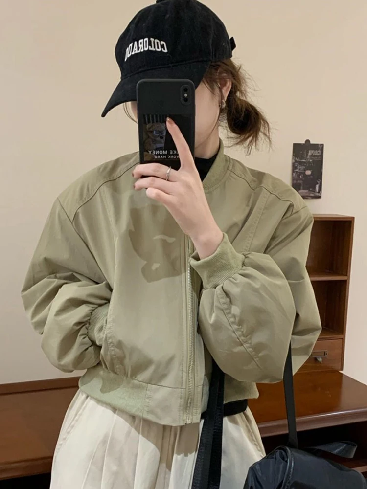 Jmprs Fall Cropped Baseball Jacket Women Slim Preppy Style Long Sleeve Vintage Short Coat Korean O Neck Casual Simple Solid Tops