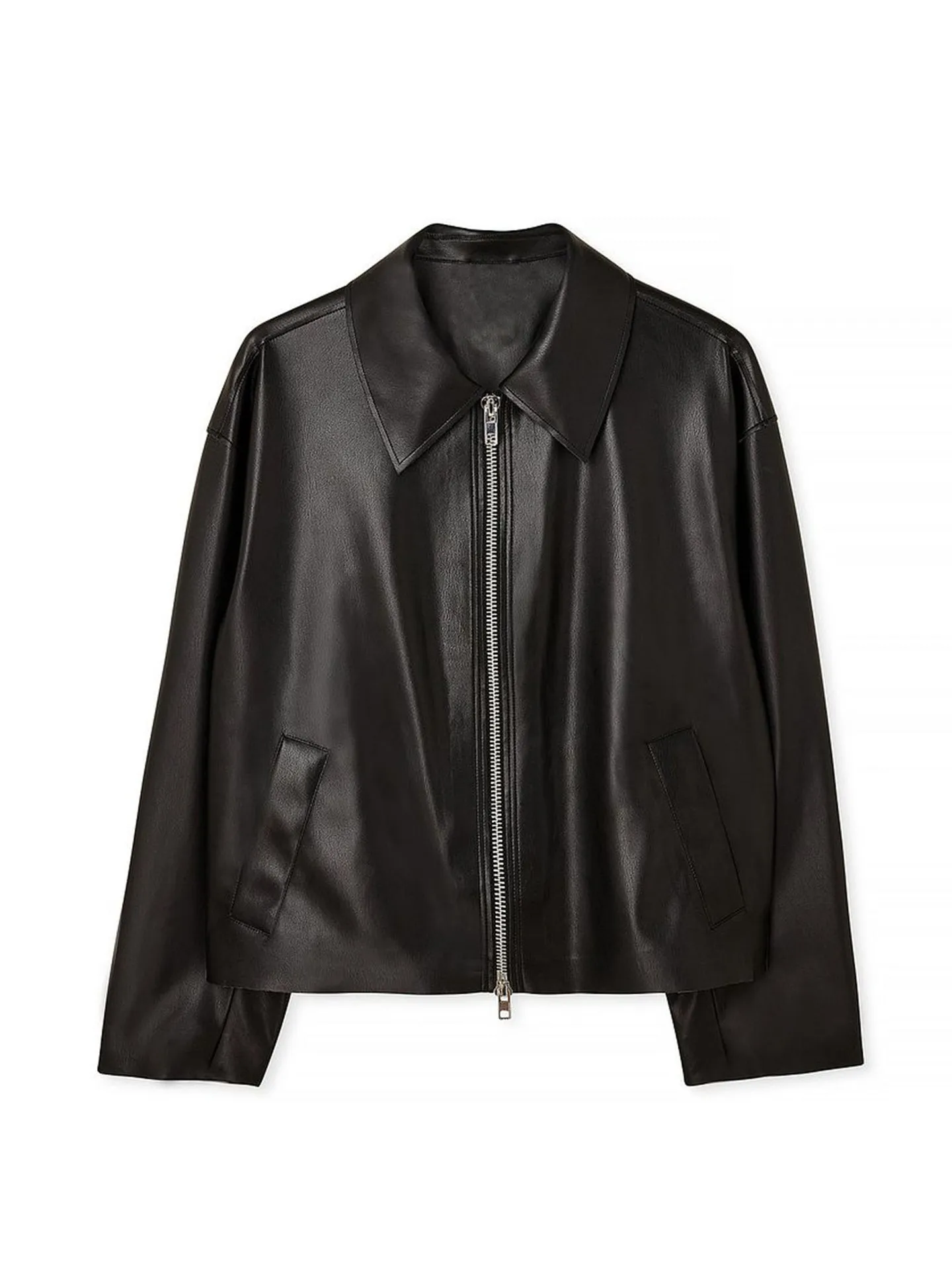 Otoño e Invierno nueva cremallera de solapa de moda con bolsillos dobles Chaqueta corta de cuero negra para mujer, estilo fresco y elegante