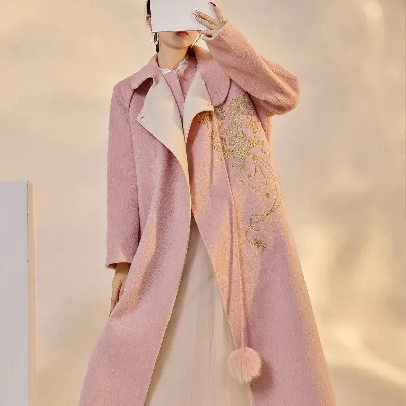 Winter Chinese Style Embroidered Reversible Long Wool Coat for Women Gentle and Simple Lace-up Wool Coat