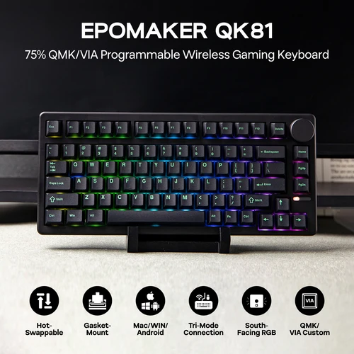 Imagen 2 del producto EPOMAKER QK81 75% VIA Teclado mecánico inalámbrico para jugar con cable/2,4 GHZ/Bluetooth montado en junta intercambiable en caliente con retroiluminación RGB
