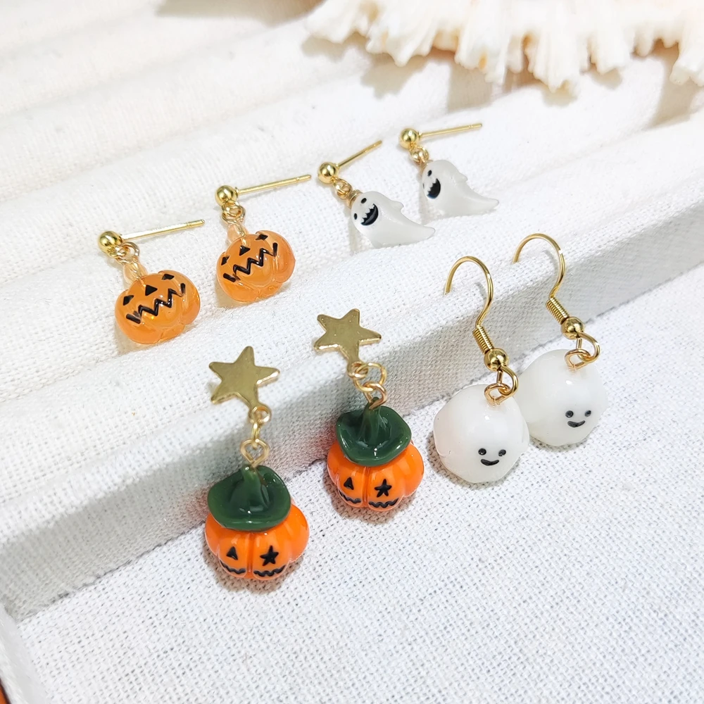 New Fashion Kawali Pumpkin Ghost Resin Glod Plated Drop Earring Charm Halloween Party Personality Jewelry Gift